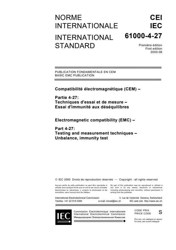 IEC 61000-4-27:2000 - Electromagnetic compatibility (EMC) - Part 4-27: Testing and measurement techniques - Unbalance, immunity test