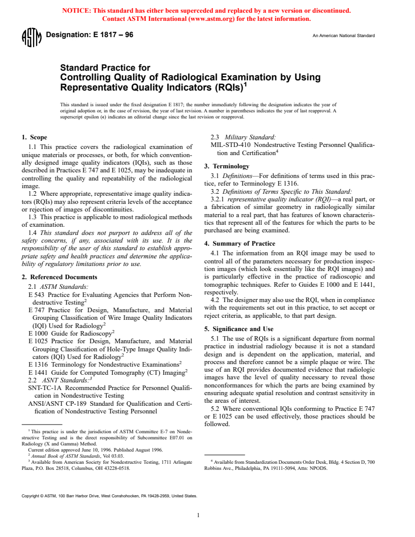 ASTM E1817-96 - Standard Practice for Controlling Quality of Radiological Examination by Using Representative Quality Indicators (RQIs)