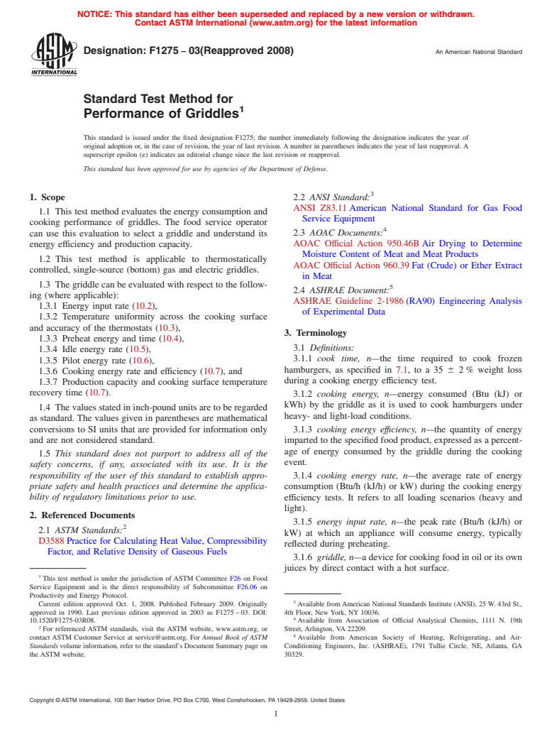 ASTM F1275-03(2008) - Standard Test Method for Performance of Griddles