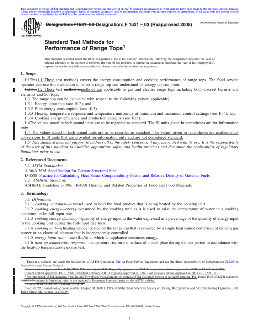 REDLINE ASTM F1521-03(2008) - Standard Test Methods for Performance of Range Tops