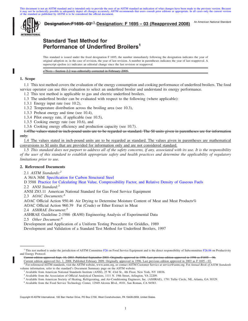 REDLINE ASTM F1695-03(2008) - Standard Test Method for Performance of Underfired Broilers