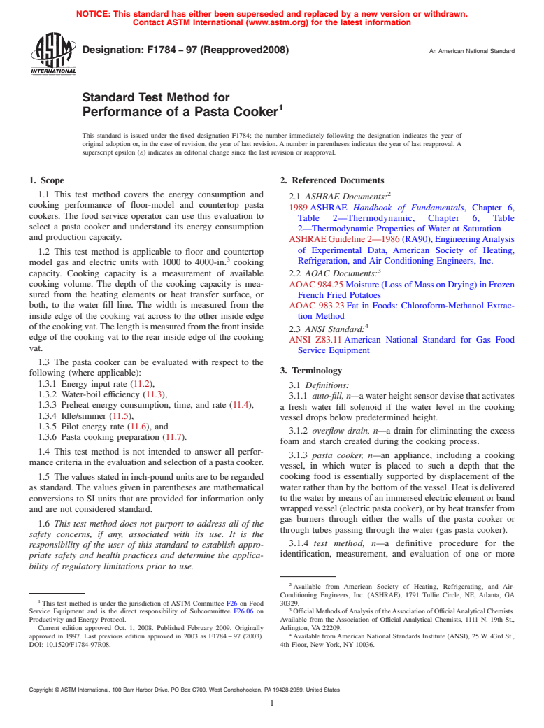 ASTM F1784-97(2008) - Standard Test Method for Performance of a Pasta Cooker