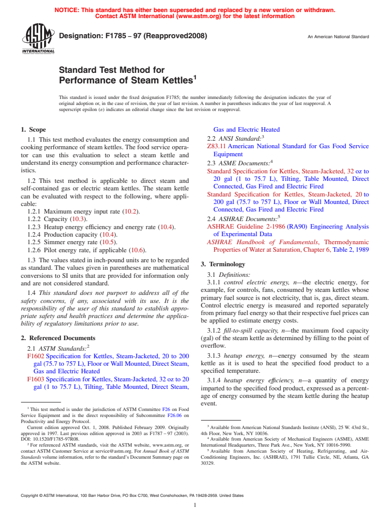 ASTM F1785-97(2008) - Standard Test Method for Performance of Steam Kettles