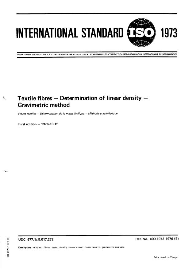 ISO 1973:1976 - Textiles -- Determination of linear density of fibres -- Gravimetric method