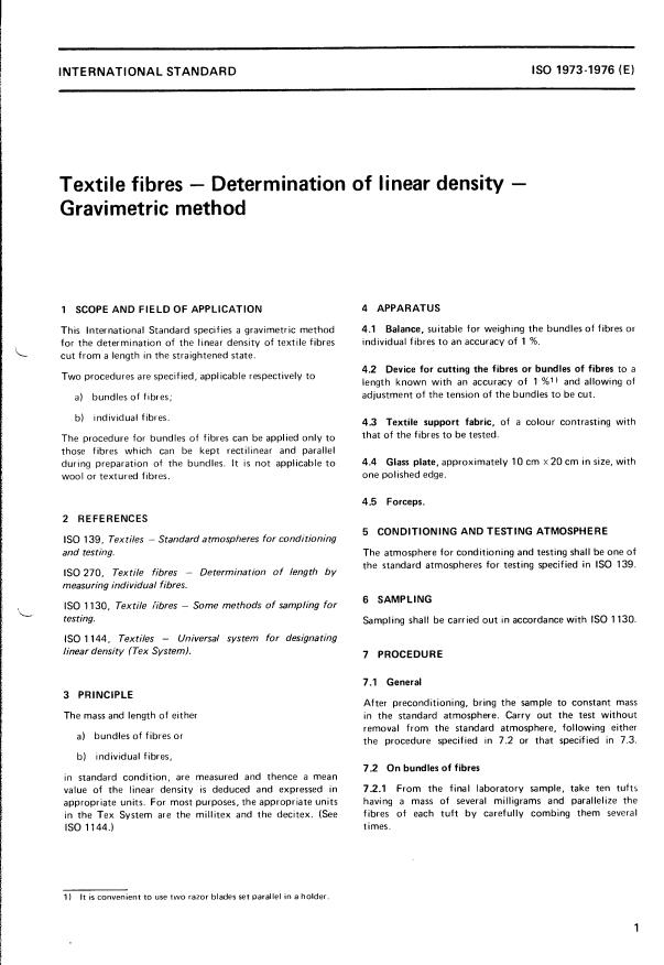 ISO 1973:1976 - Textiles -- Determination of linear density of fibres -- Gravimetric method