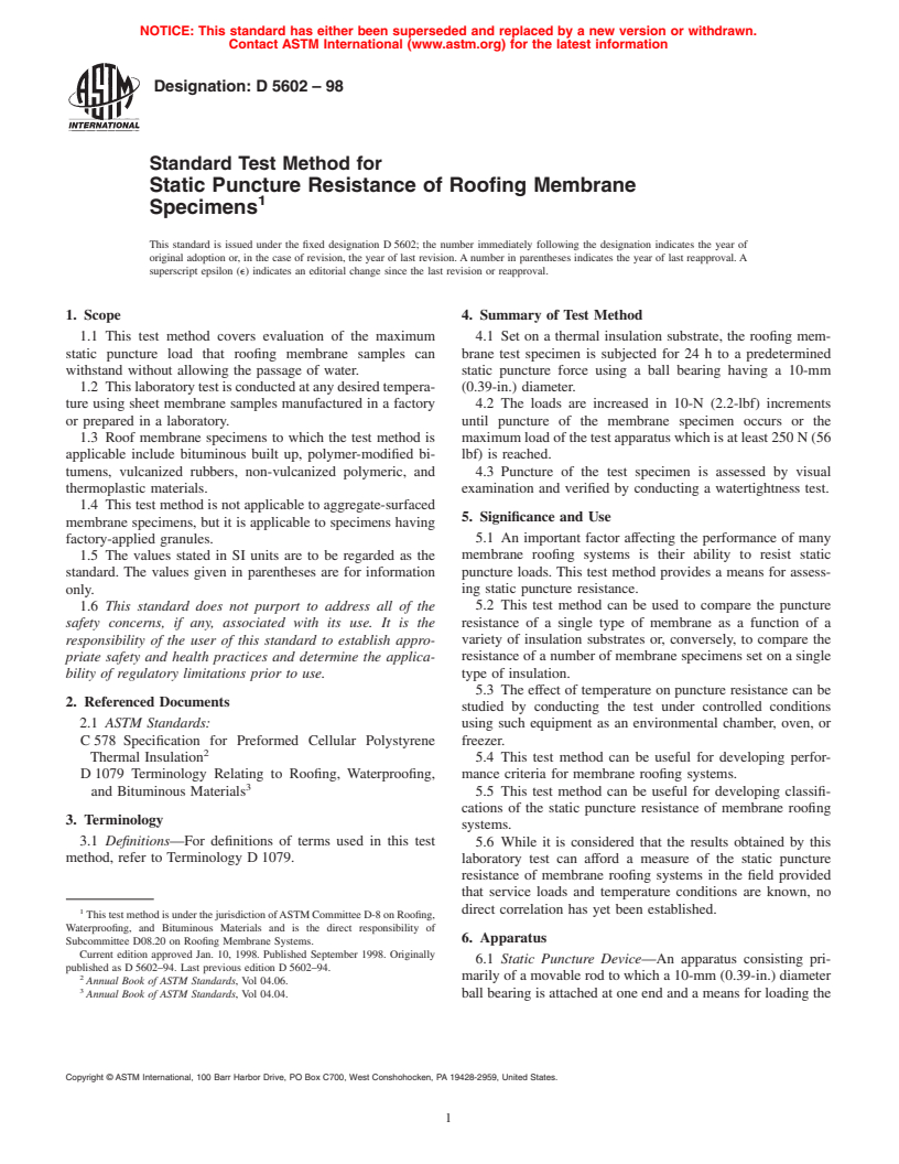 ASTM D5602-98 - Standard Test Method for Static Puncture Resistance of Roofing Membrane Specimens