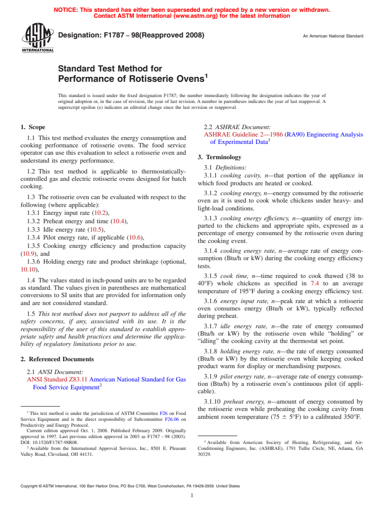 ASTM F1787-98(2008) - Standard Test Method for Performance of Rotisserie Ovens