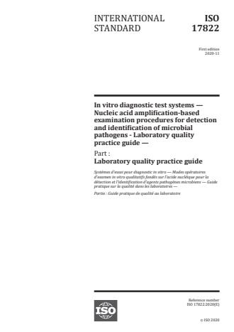ISO 17822:2020:Version 12-dec-2020 - In vitro diagnostic test systems -- Nucleic acid amplification-based examination procedures for detection and identification of microbial pathogens - Laboratory quality practice guide