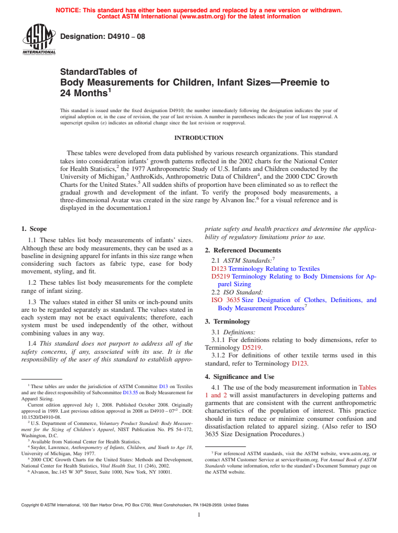 ASTM D4910-08 - Standard Tables of  Body Measurements for Children, Infant Sizes<span class='unicode'>&#x2014;</span>Preemie to 24 Months