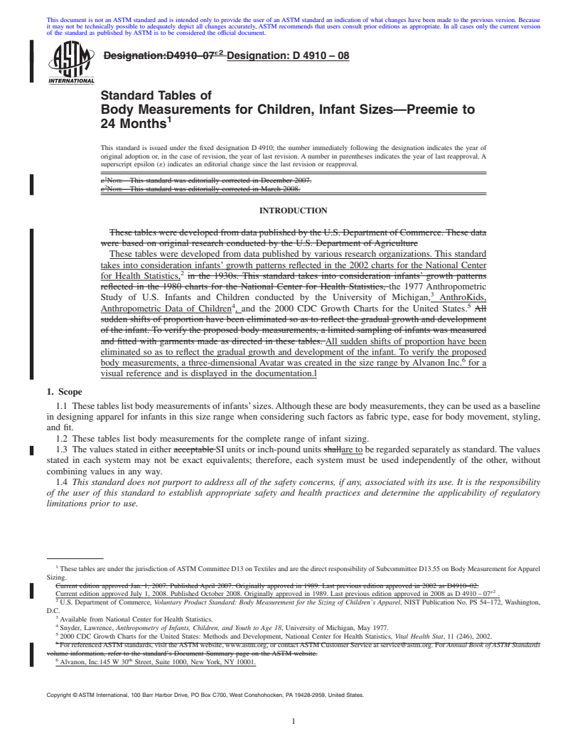 REDLINE ASTM D4910-08 - Standard Tables of  Body Measurements for Children, Infant Sizes<span class='unicode'>&#x2014;</span>Preemie to 24 Months