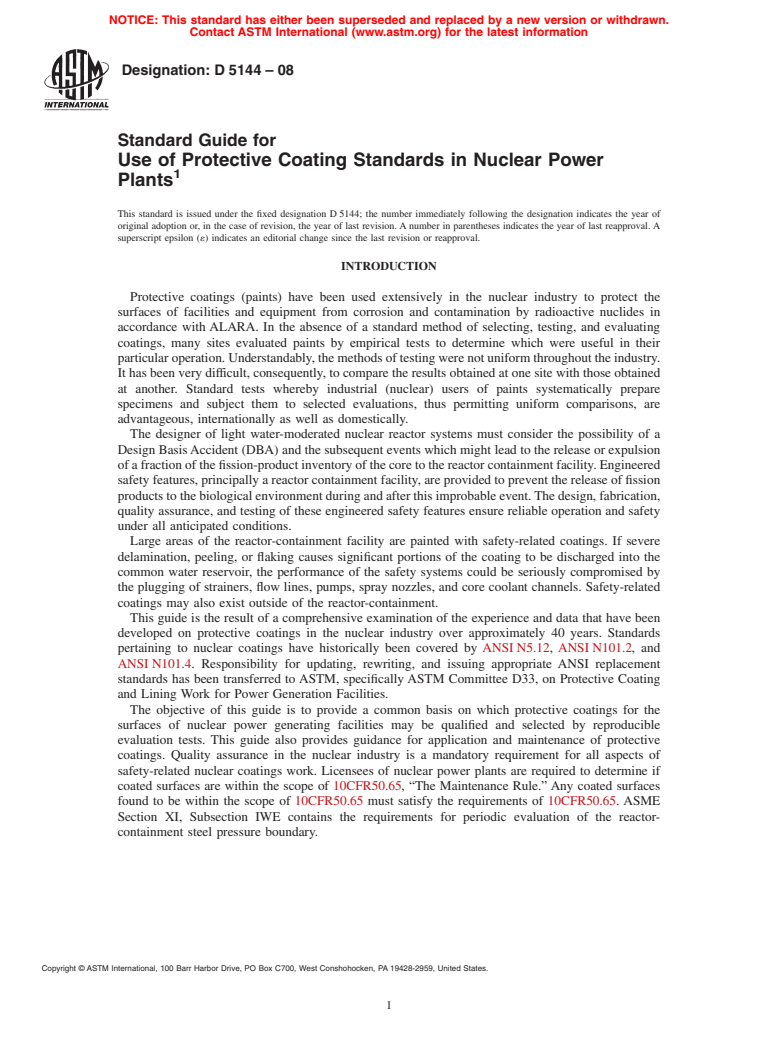 ASTM D5144-08 - Standard Guide for Use of Protective Coating Standards in Nuclear Power Plants