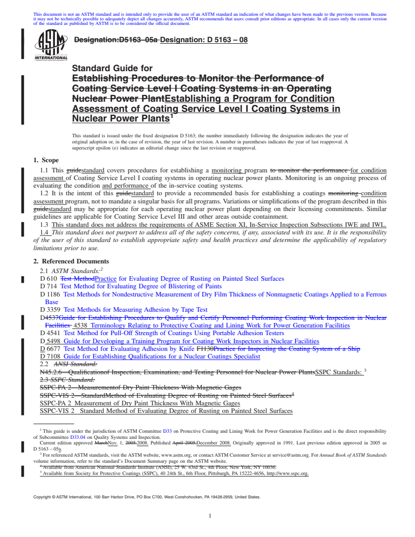 REDLINE ASTM D5163-08 - Standard Guide for Establishing a Program for Condition Assessment of Coating Service Level I Coating Systems in Nuclear Power Plants