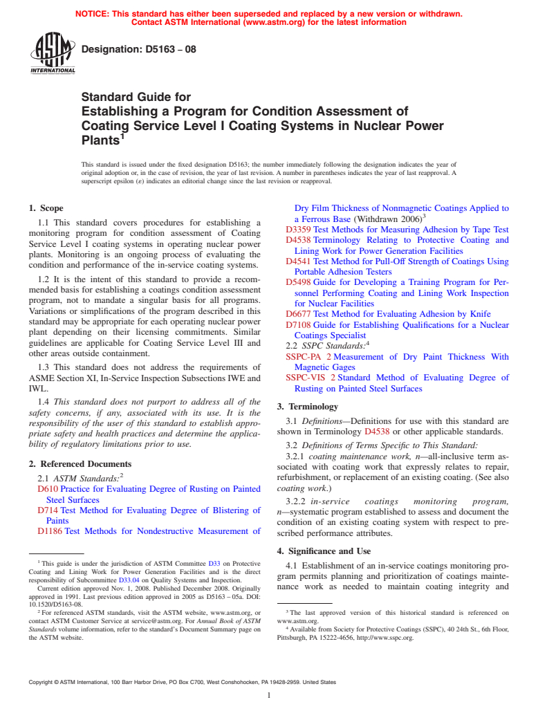 ASTM D5163-08 - Standard Guide for Establishing a Program for Condition Assessment of Coating Service Level I Coating Systems in Nuclear Power Plants