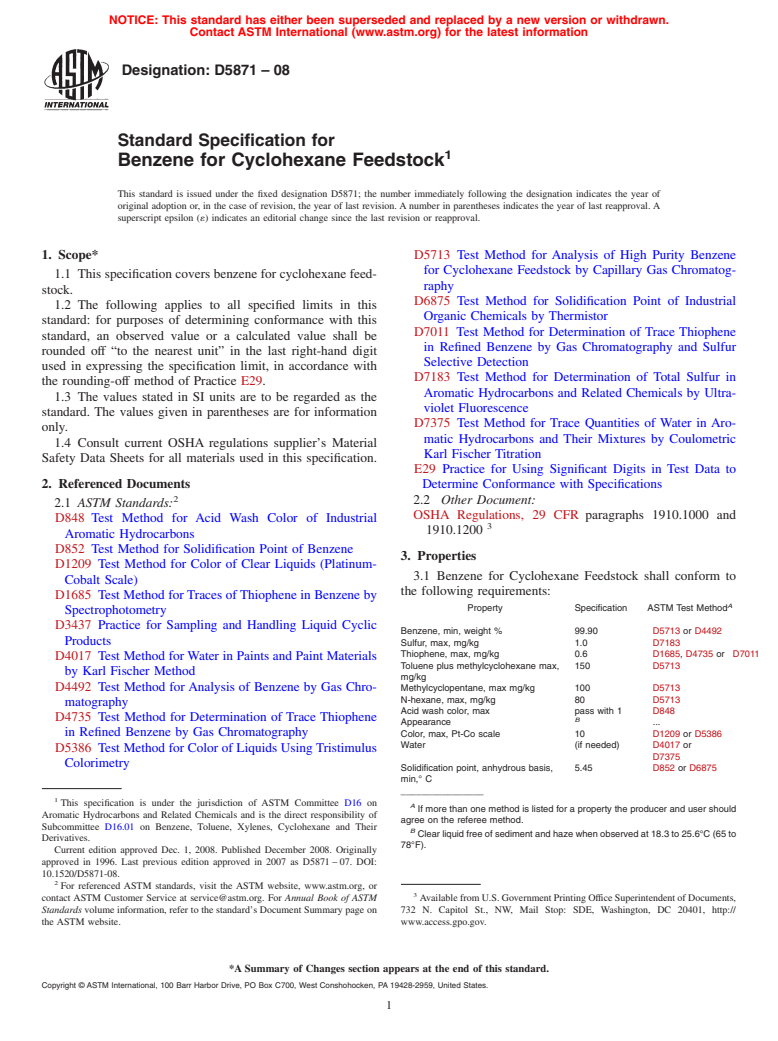 ASTM D5871-08 - Standard Specification for Benzene for Cyclohexane Feedstock