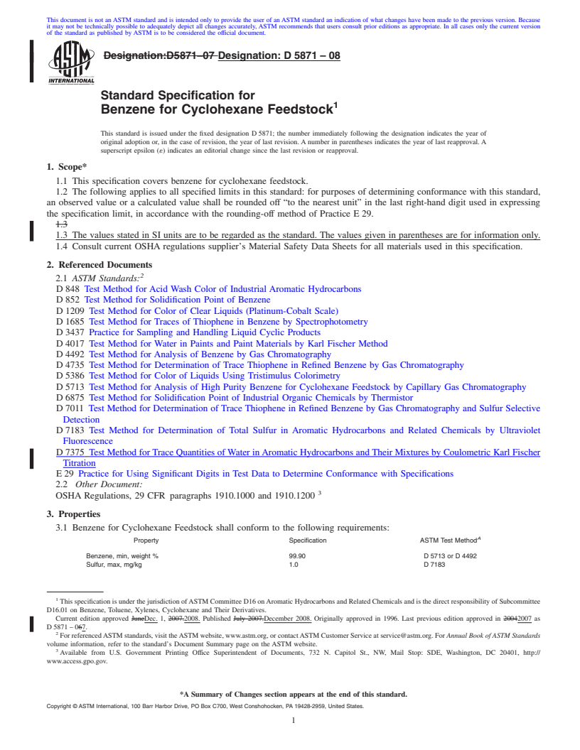 REDLINE ASTM D5871-08 - Standard Specification for Benzene for Cyclohexane Feedstock
