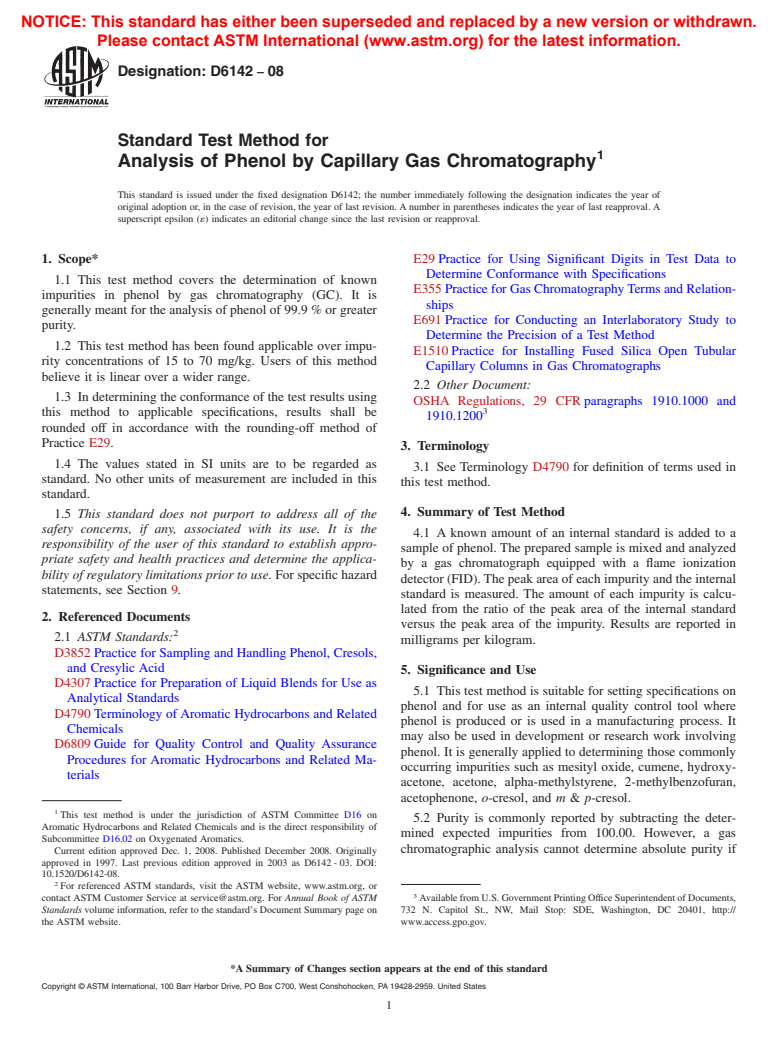 ASTM D6142-08 - Standard Test Method for Analysis of Phenol by Capillary Gas Chromatography