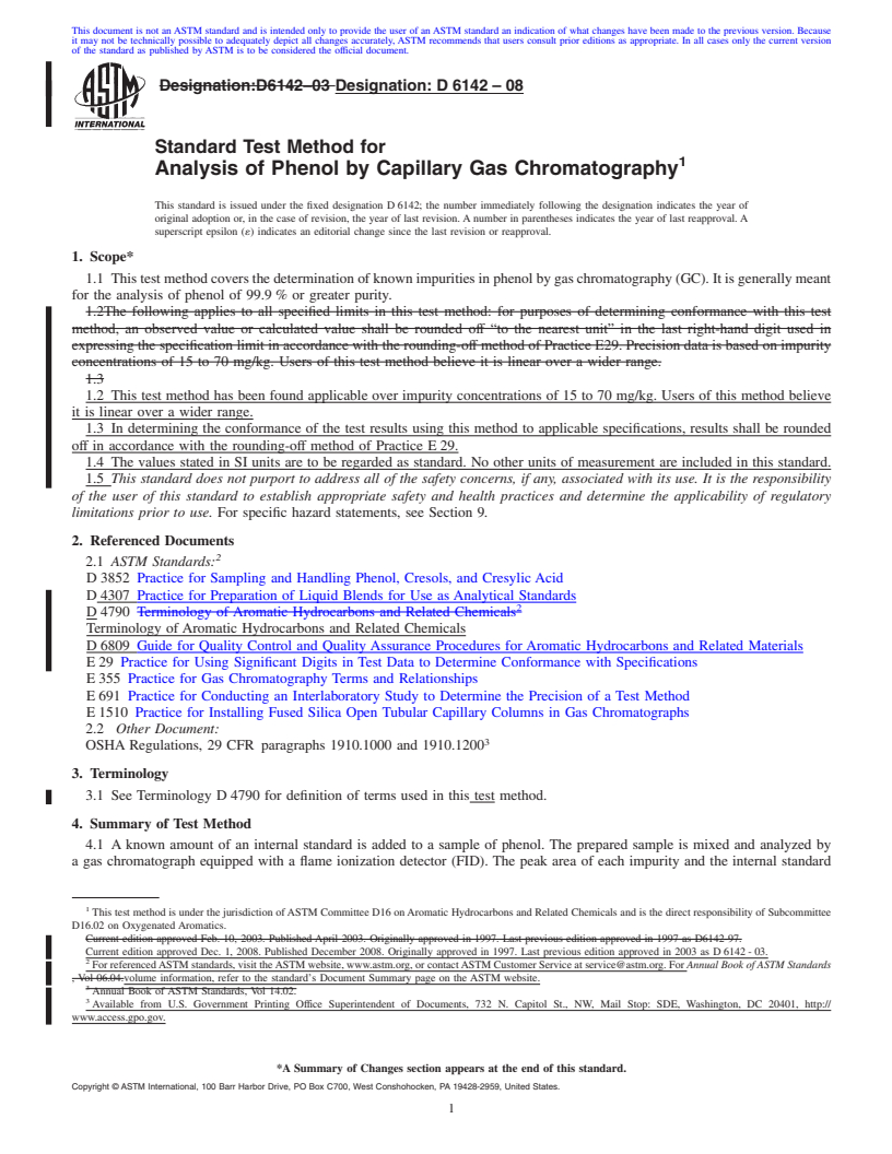 REDLINE ASTM D6142-08 - Standard Test Method for Analysis of Phenol by Capillary Gas Chromatography