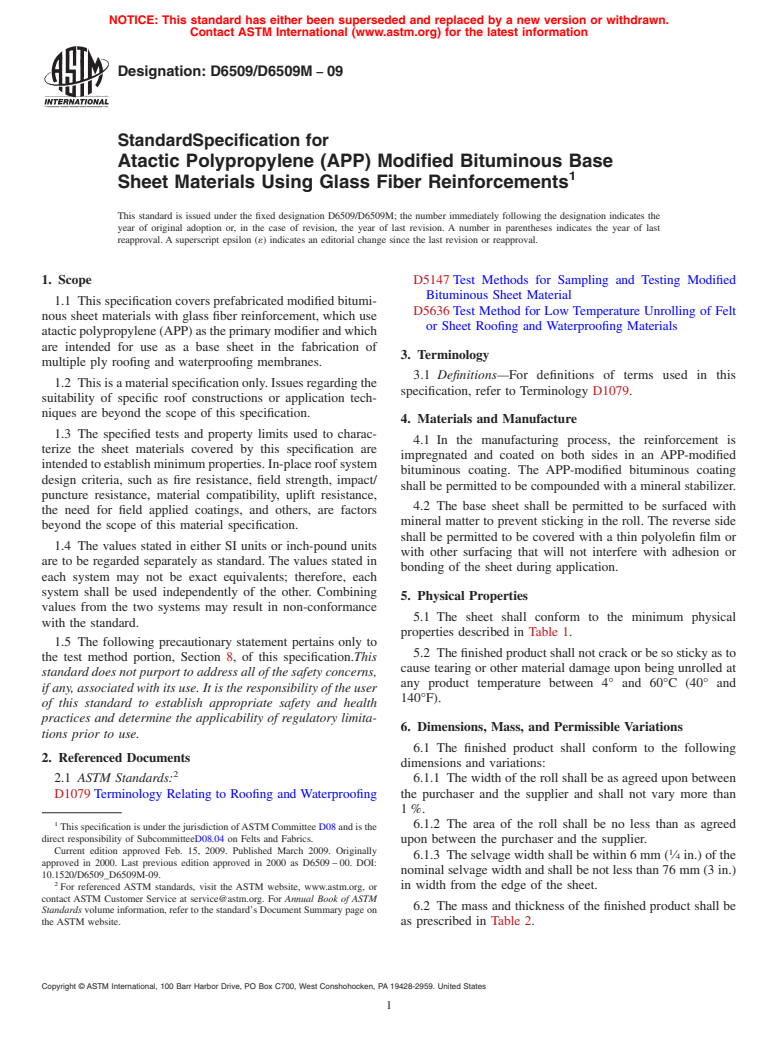 ASTM D6509/D6509M-09 - Standard Specification for Atactic Polypropylene (APP) Modified Bituminous Base Sheet Materials Using Glass Fiber Reinforcements