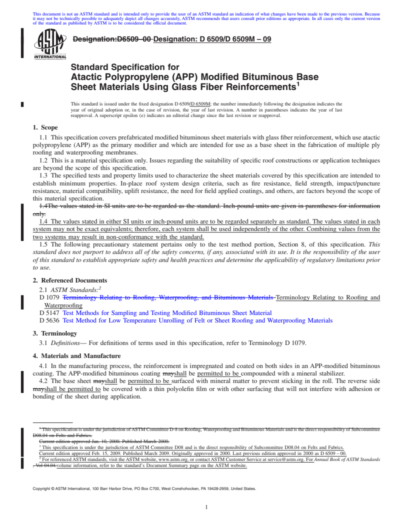 REDLINE ASTM D6509/D6509M-09 - Standard Specification for Atactic Polypropylene (APP) Modified Bituminous Base Sheet Materials Using Glass Fiber Reinforcements
