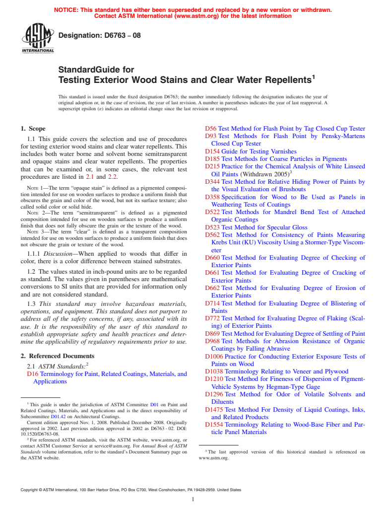 ASTM D6763-08 - Standard Guide for Testing Exterior Wood Stains and Clear Water Repellents