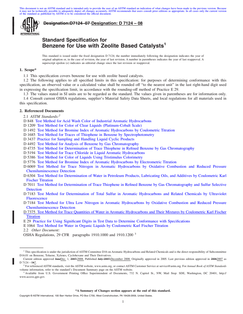 REDLINE ASTM D7124-08 - Standard Specification for Benzene for Use with Zeolite Based Catalysts