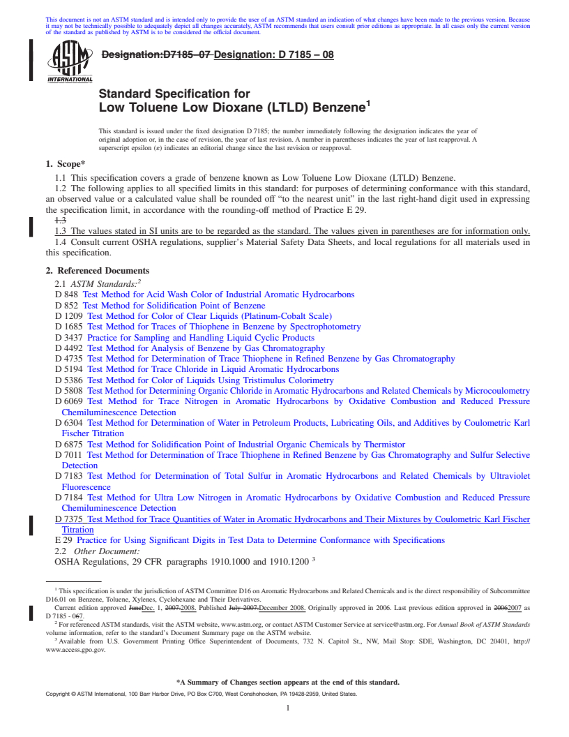 REDLINE ASTM D7185-08 - Standard Specification for Low Toluene Low Dioxane (LTLD) Benzene
