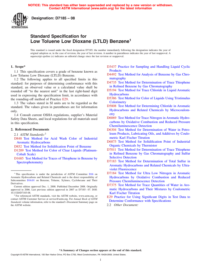 ASTM D7185-08 - Standard Specification for Low Toluene Low Dioxane (LTLD) Benzene