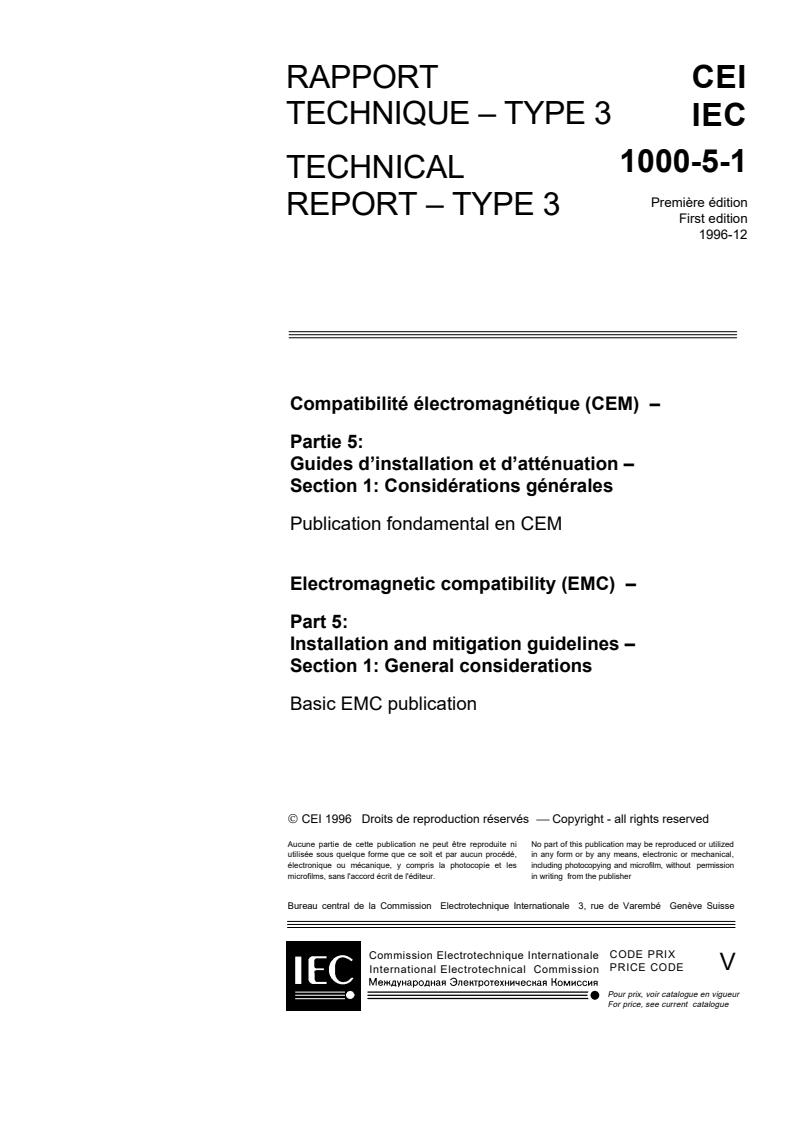 IEC TR 61000-5-1:1996 - Electromagnetic compatibility (EMC) - Part 5: Installation and mitigation guidelines - Section 1: General considerations - Basic EMC publication