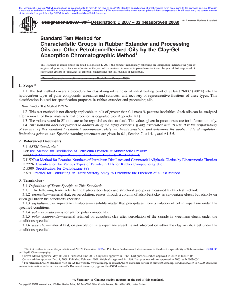 REDLINE ASTM D2007-03(2008) - Standard Test Method for Characteristic Groups in Rubber Extender and Processing Oils and Other Petroleum-Derived Oils by the Clay-Gel Absorption Chromatographic Method