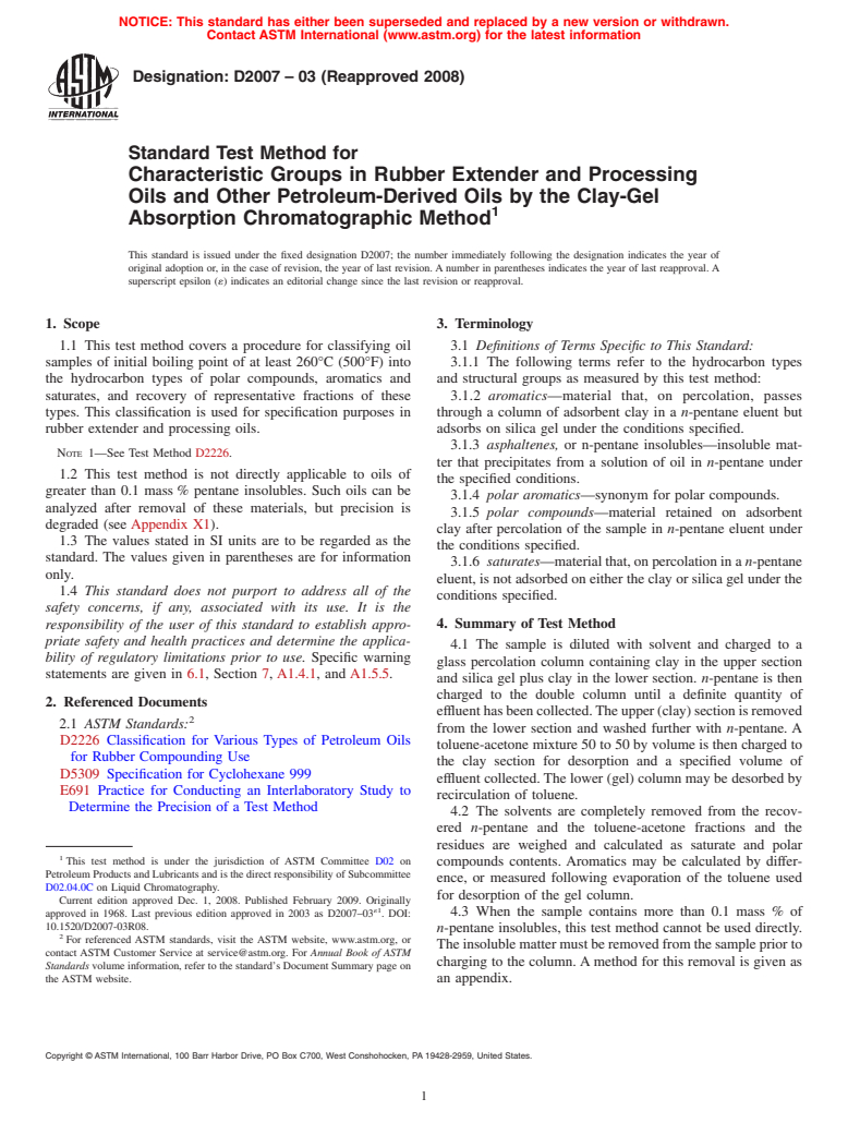 ASTM D2007-03(2008) - Standard Test Method for Characteristic Groups in Rubber Extender and Processing Oils and Other Petroleum-Derived Oils by the Clay-Gel Absorption Chromatographic Method