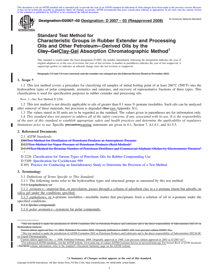 REDLINE ASTM D2007-03(2008) - Standard Test Method for Characteristic Groups in Rubber Extender and Processing Oils and Other Petroleum-Derived Oils by the Clay-Gel Absorption Chromatographic Method