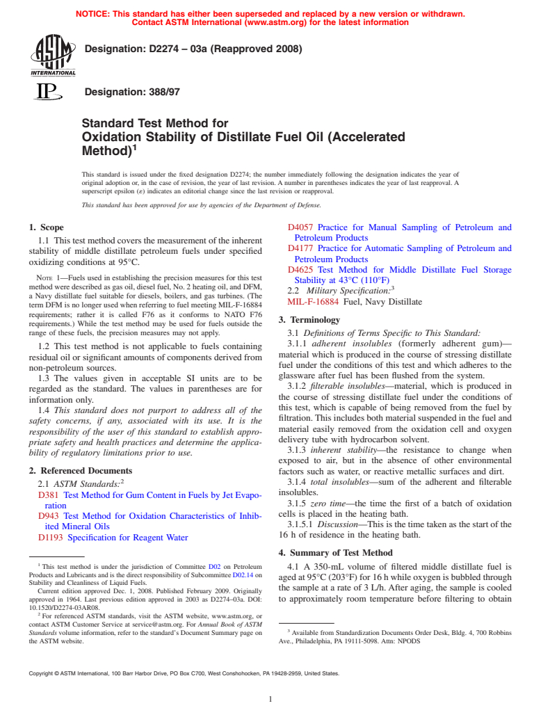 ASTM D2274-03a(2008) - Standard Test Method for Oxidation Stability of Distillate Fuel Oil (Accelerated Method)