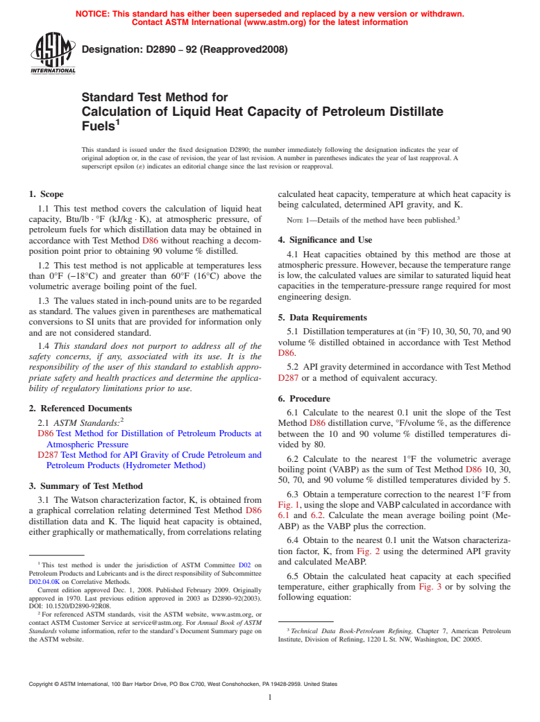 ASTM D2890-92(2008) - Standard Test Method for Calculation of Liquid Heat Capacity of Petroleum Distillate Fuels