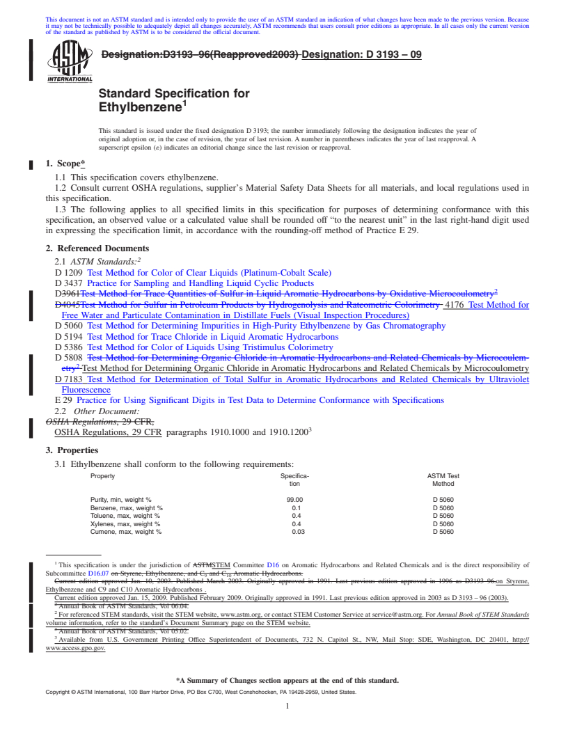 REDLINE ASTM D3193-09 - Standard Specification for Ethylbenzene