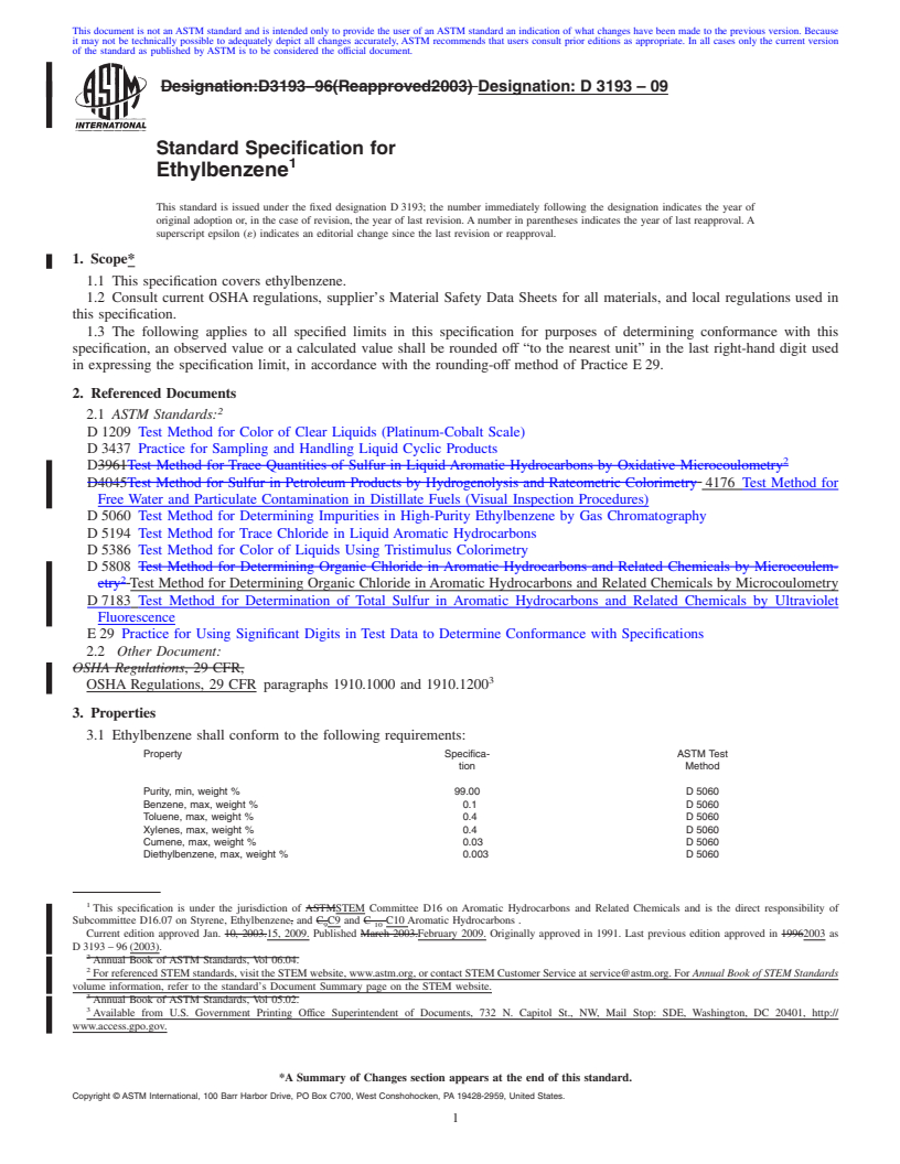 REDLINE ASTM D3193-09 - Standard Specification for Ethylbenzene