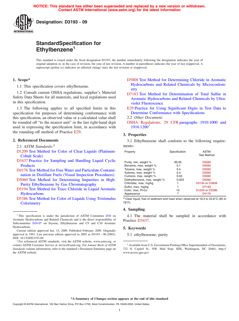 ASTM D3193-09 - Standard Specification for Ethylbenzene