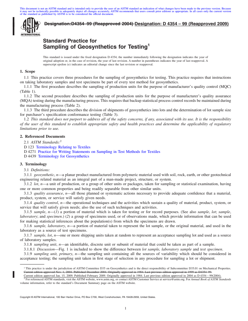 REDLINE ASTM D4354-99(2009) - Standard Practice for Sampling of Geosynthetics for Testing