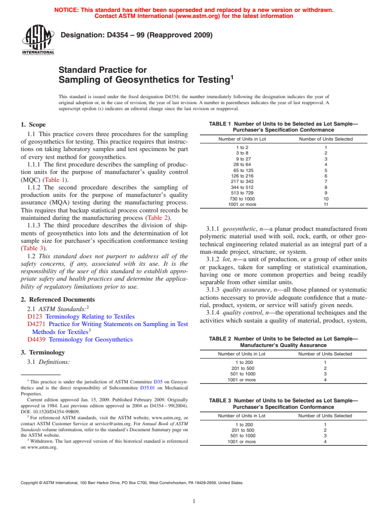 ASTM D4354-99(2009) - Standard Practice for Sampling of Geosynthetics for Testing