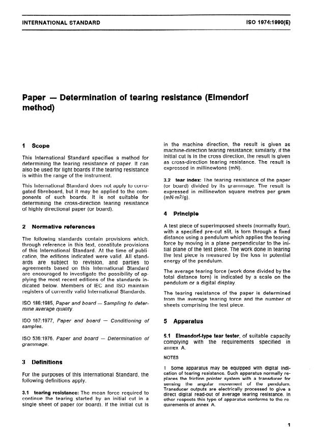 ISO 1974:1990 - Paper -- Determination of tearing resistance (Elmendorf method)