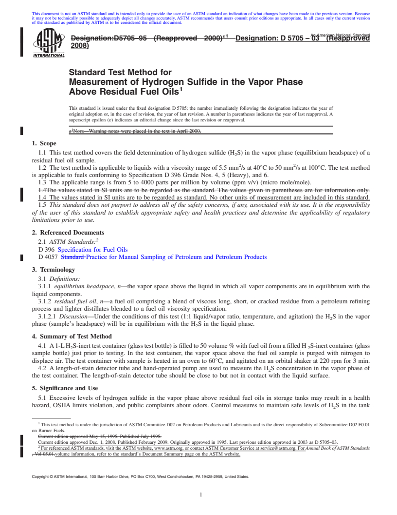 REDLINE ASTM D5705-03(2008) - Standard Test Method for Measurement of Hydrogen Sulfide in the Vapor Phase Above Residual Fuel Oils