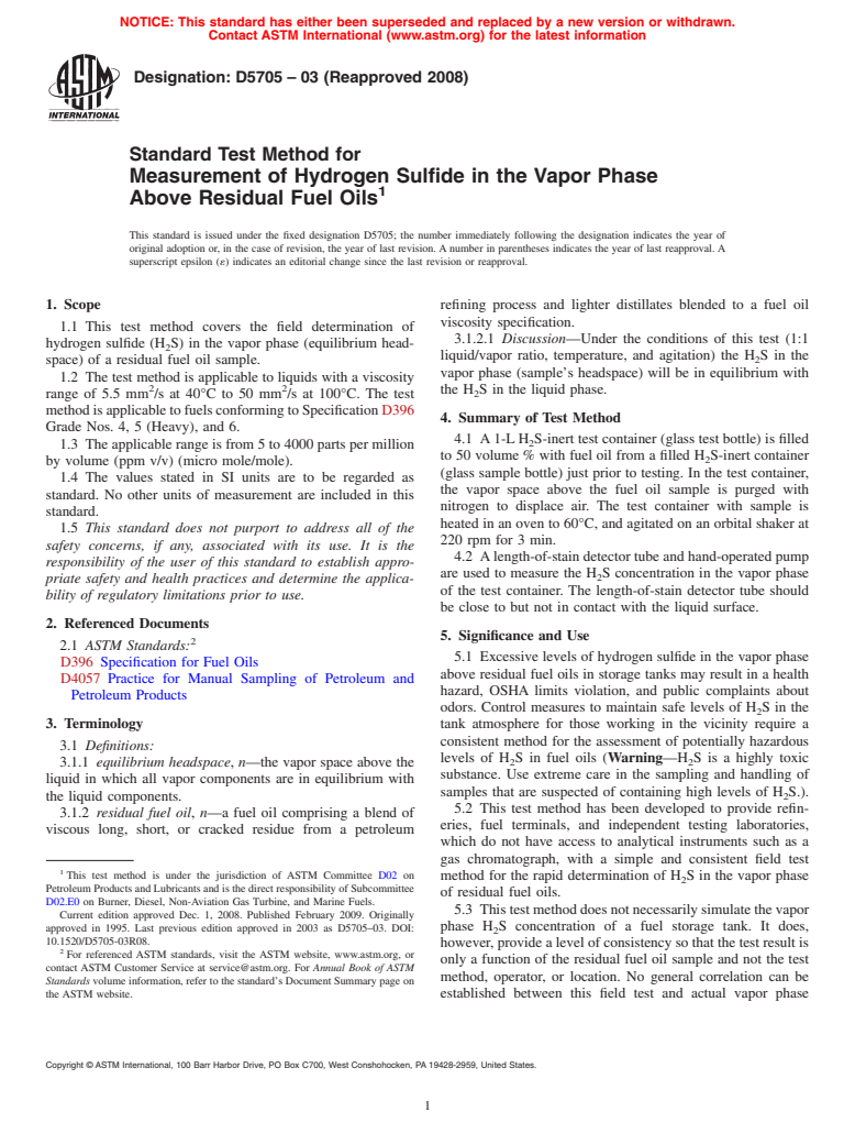 ASTM D5705-03(2008) - Standard Test Method for Measurement of Hydrogen Sulfide in the Vapor Phase Above Residual Fuel Oils