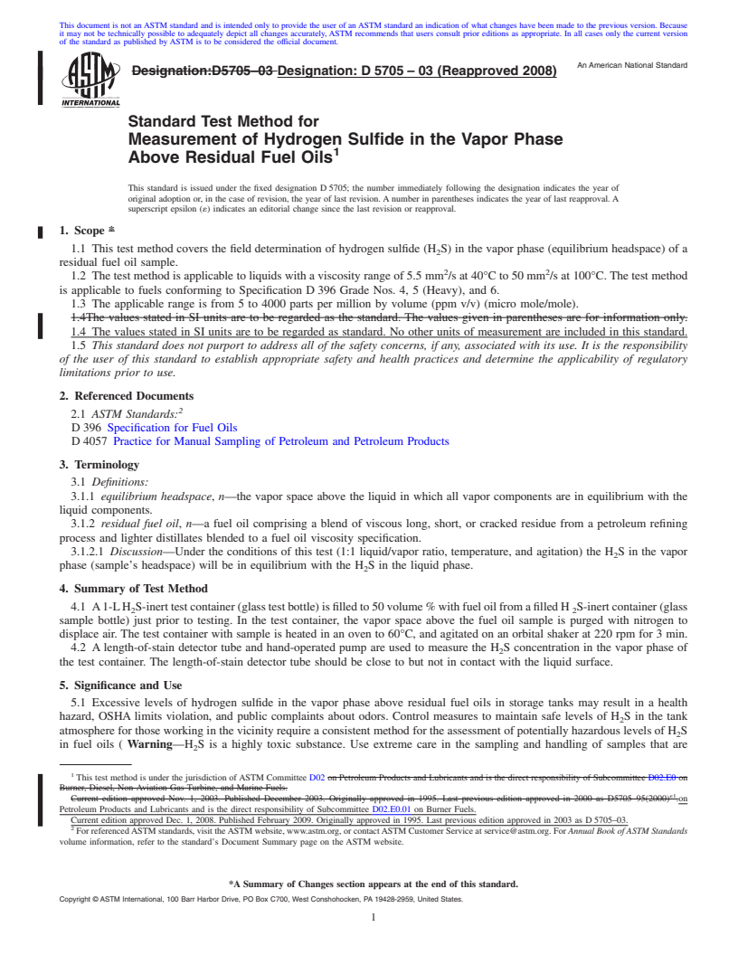 REDLINE ASTM D5705-03(2008) - Standard Test Method for Measurement of Hydrogen Sulfide in the Vapor Phase Above Residual Fuel Oils