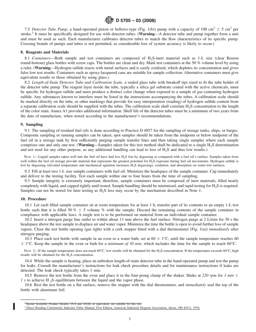 REDLINE ASTM D5705-03(2008) - Standard Test Method for Measurement of Hydrogen Sulfide in the Vapor Phase Above Residual Fuel Oils