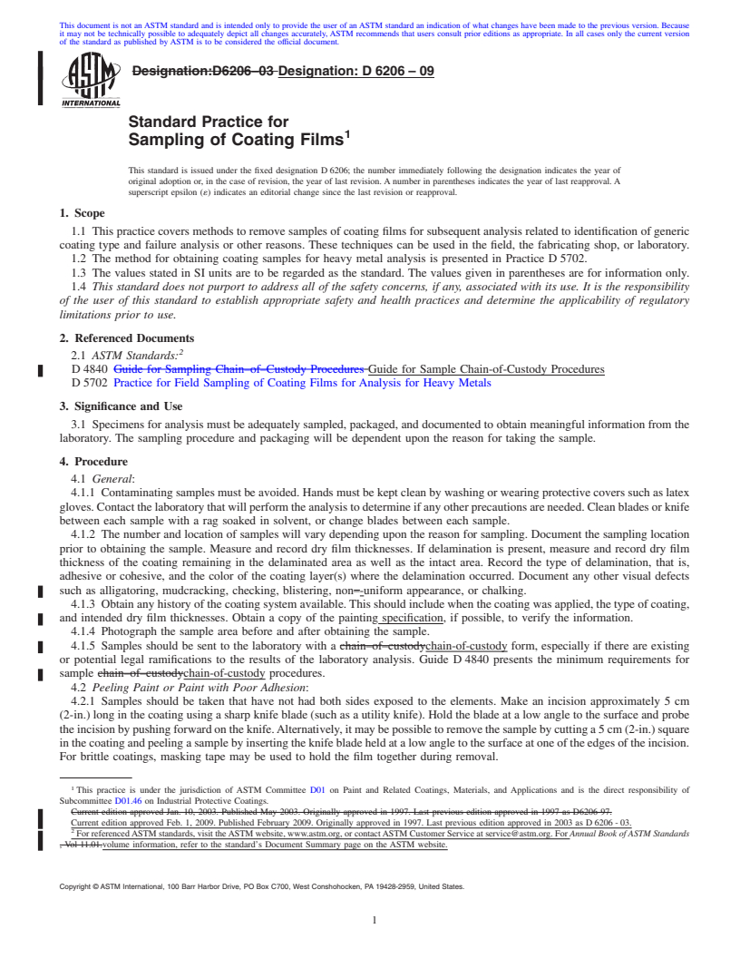 REDLINE ASTM D6206-09 - Standard Practice for Sampling of Coating Films