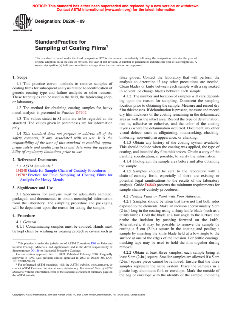 ASTM D6206-09 - Standard Practice for Sampling of Coating Films
