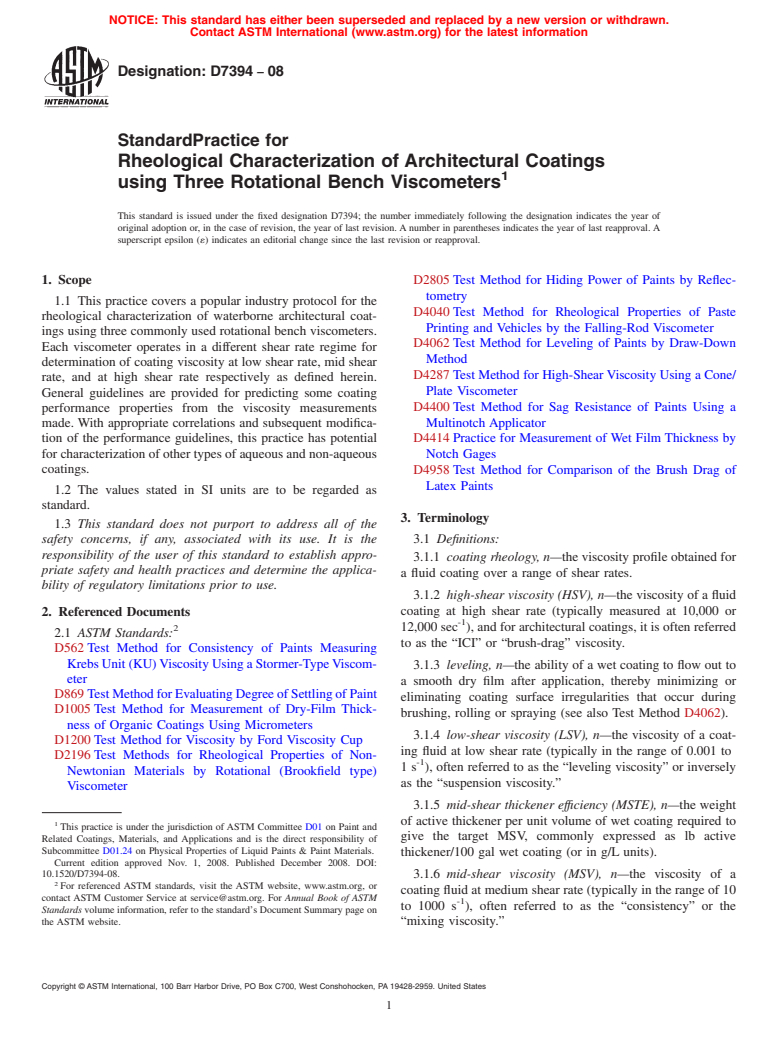 ASTM D7394-08 - Standard Practice for Rheological Characterization of Architectural Coatings using Three  Rotational Bench Viscometers