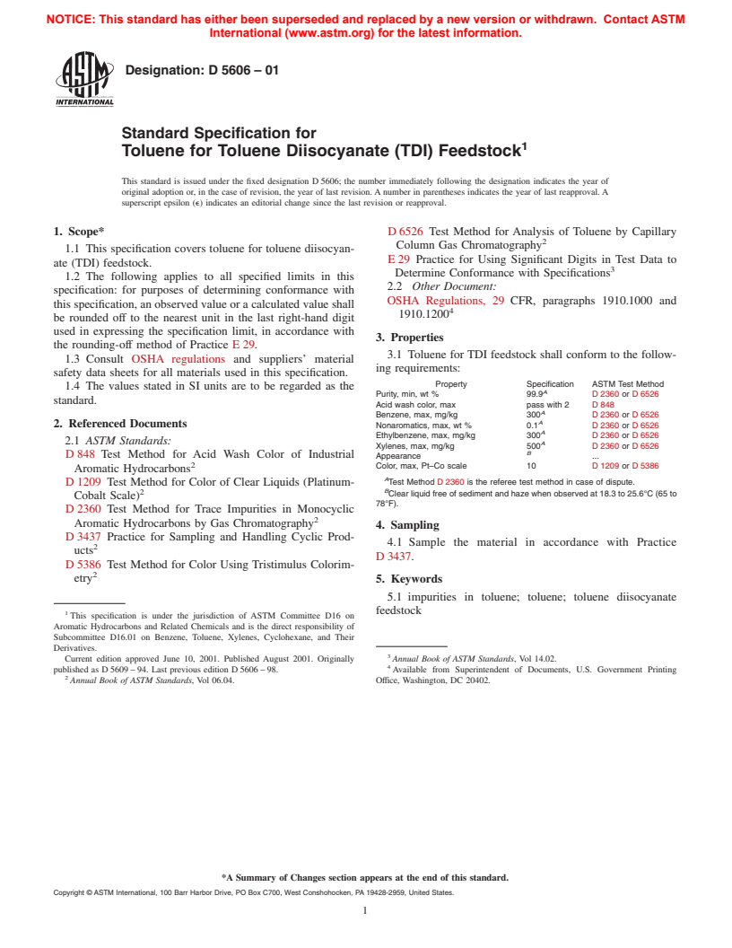 ASTM D5606-01 - Standard Specification for Toluene for Toluene Diisocyanate (TDI) Feedstock