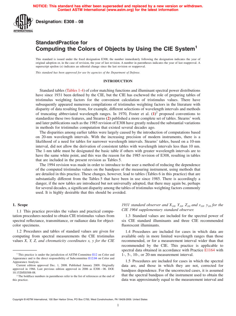 ASTM E308-08 - Standard Practice for Computing the Colors of Objects by Using the CIE System