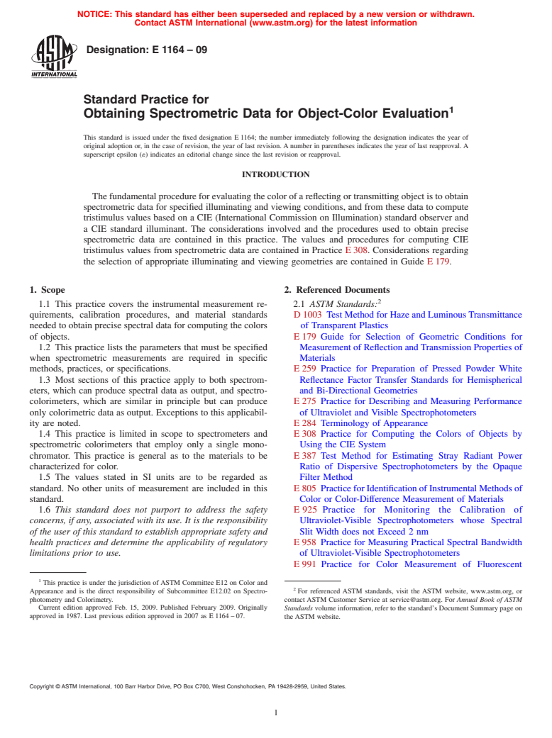 ASTM E1164-09 - Standard Practice for Obtaining Spectrometric Data for Object-Color Evaluation