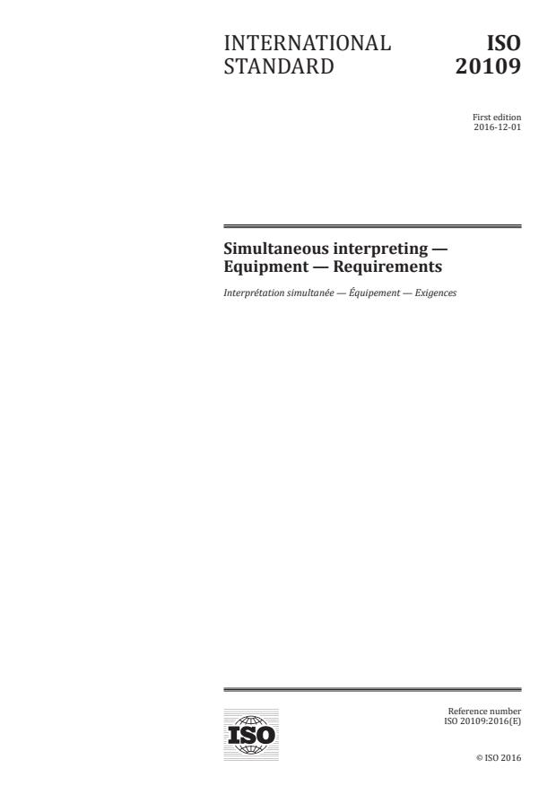 ISO 20109:2016 - Simultaneous interpreting -- Equipment -- Requirements